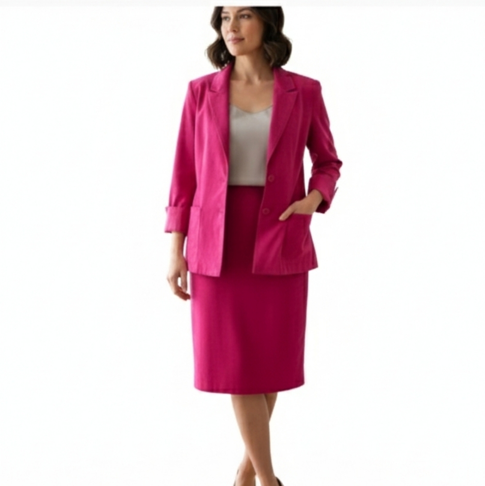 Adolph Shuman For Lilli Ann Vintage Ultrasuede Fuchsia Blazer Skirt Set Mediun